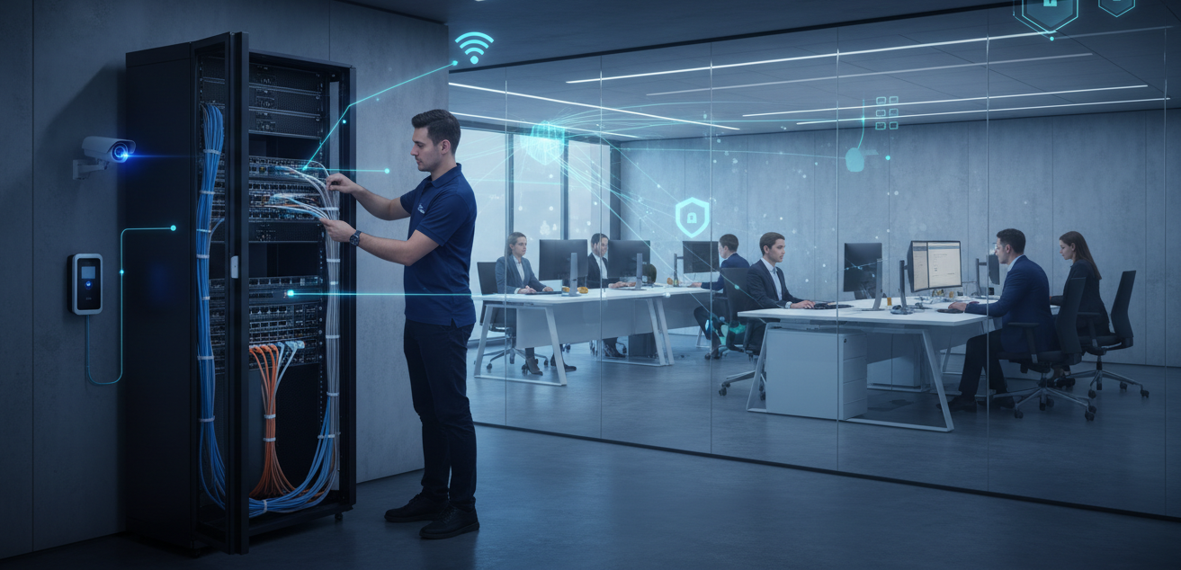 IT technician managing network infrastructure with security overlay